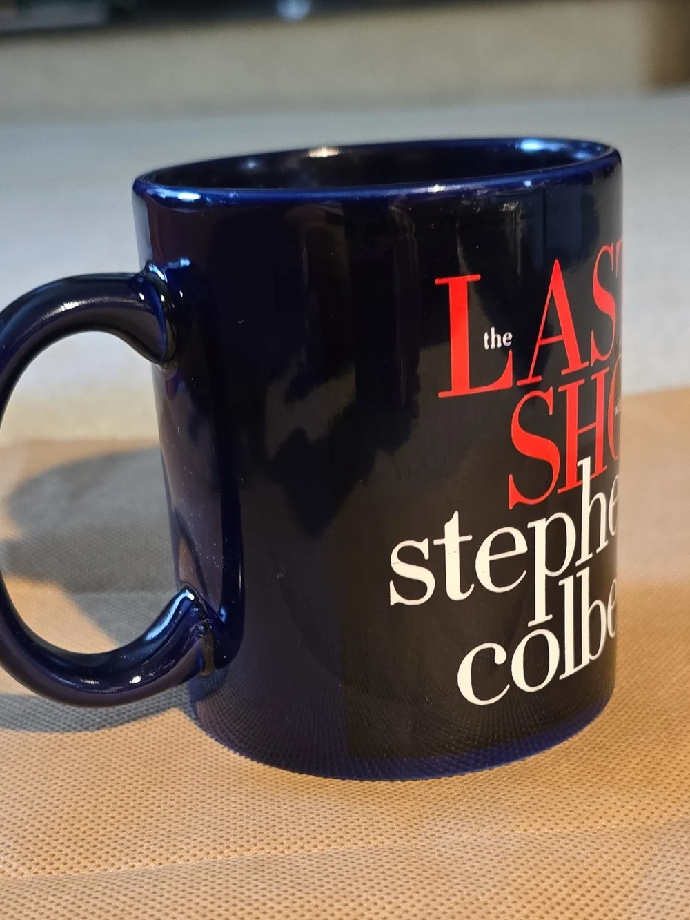 Navy Blue Ceramic Mug with Bold Red & White Text